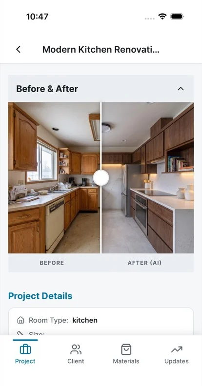 A kitchen project in the contractor app: the homeowner's photo and the AI design side by side, labeled Before and After (AI), with project details below