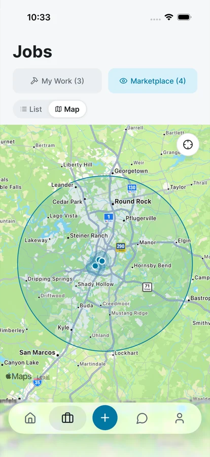 Contractor Jobs tab on iPhone: a map with a circle showing the contractor's service radius around Austin