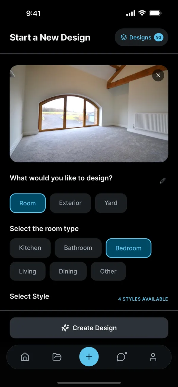 App screen: Start a New Design, with a room photo and choices for Room, Exterior, or Yard, the room type, and a style