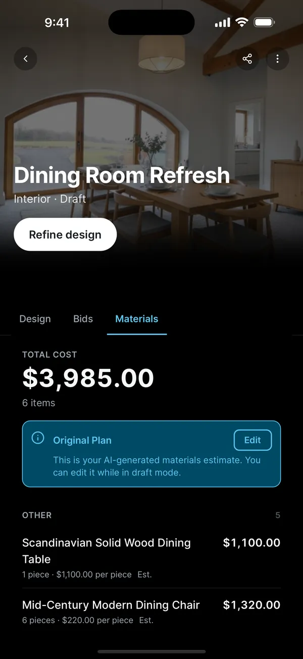 App screen: the Materials tab of a Dining Room Refresh design, total cost $3,985.00 across 6 items, with line items and prices
