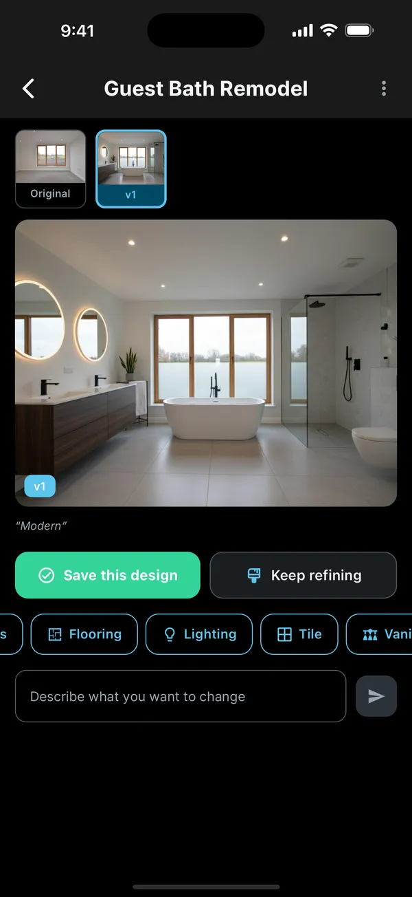 App screen: a Guest Bath Remodel design with Save this design, Keep refining, and one-tap chips for Flooring, Lighting, and Tile