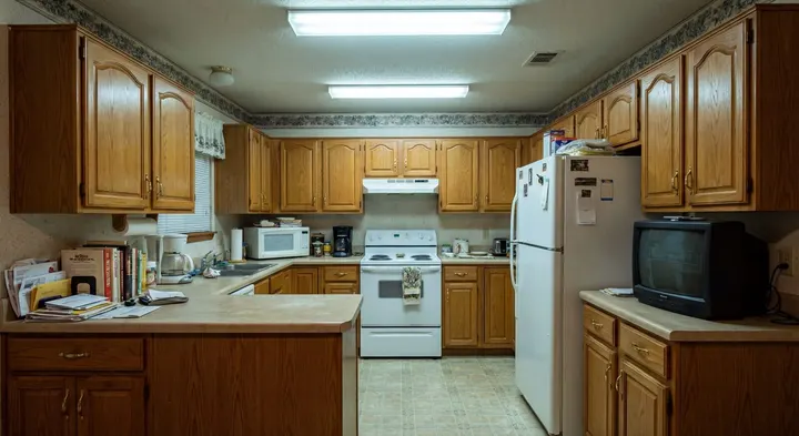 Before: a dated kitchen with oak cabinets and laminate counters
