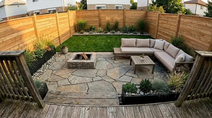 AI design of the same yard: a stone patio, an outdoor sofa, a fire pit, and new plantings