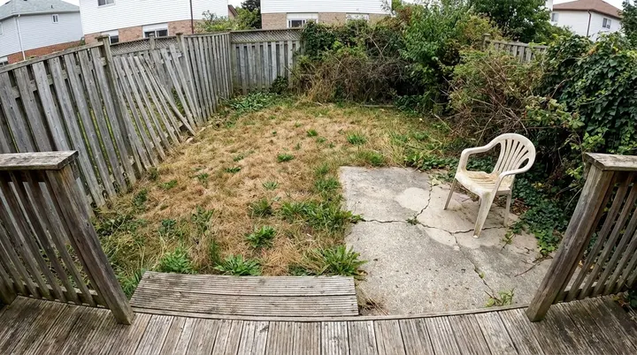 Before: a bare backyard with patchy grass, a cracked slab, and a plastic chair